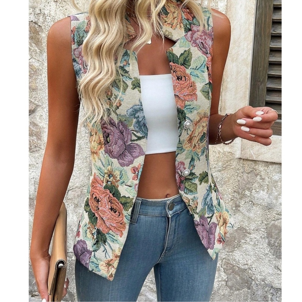 Classic Floral Print Tapestry Button Fitted Vest S M L XL